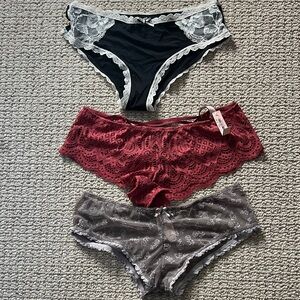 NWT Victoria's Secret Lace Trim Panty Trio - Black, Red/mauve and Gray